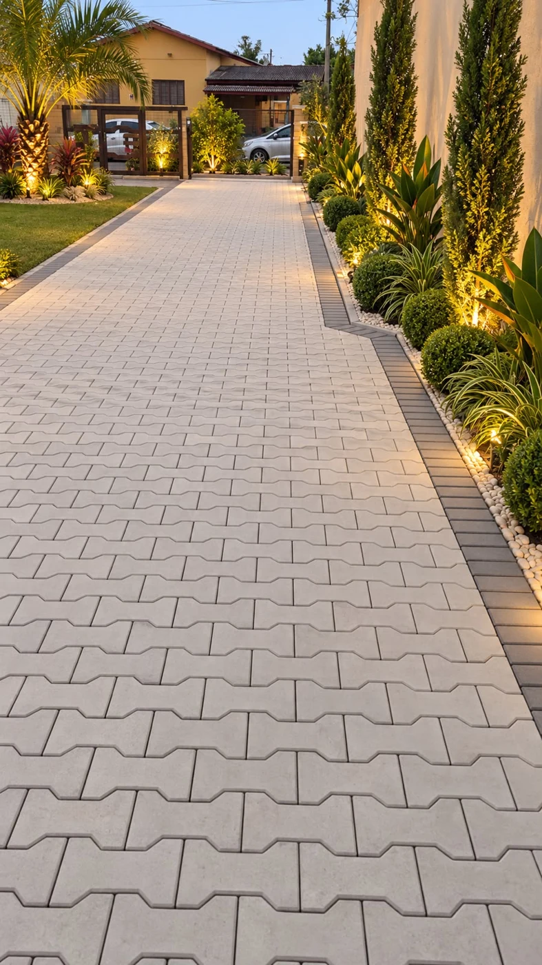 Pedra Ossinho em acesso residencial com jardim iluminado